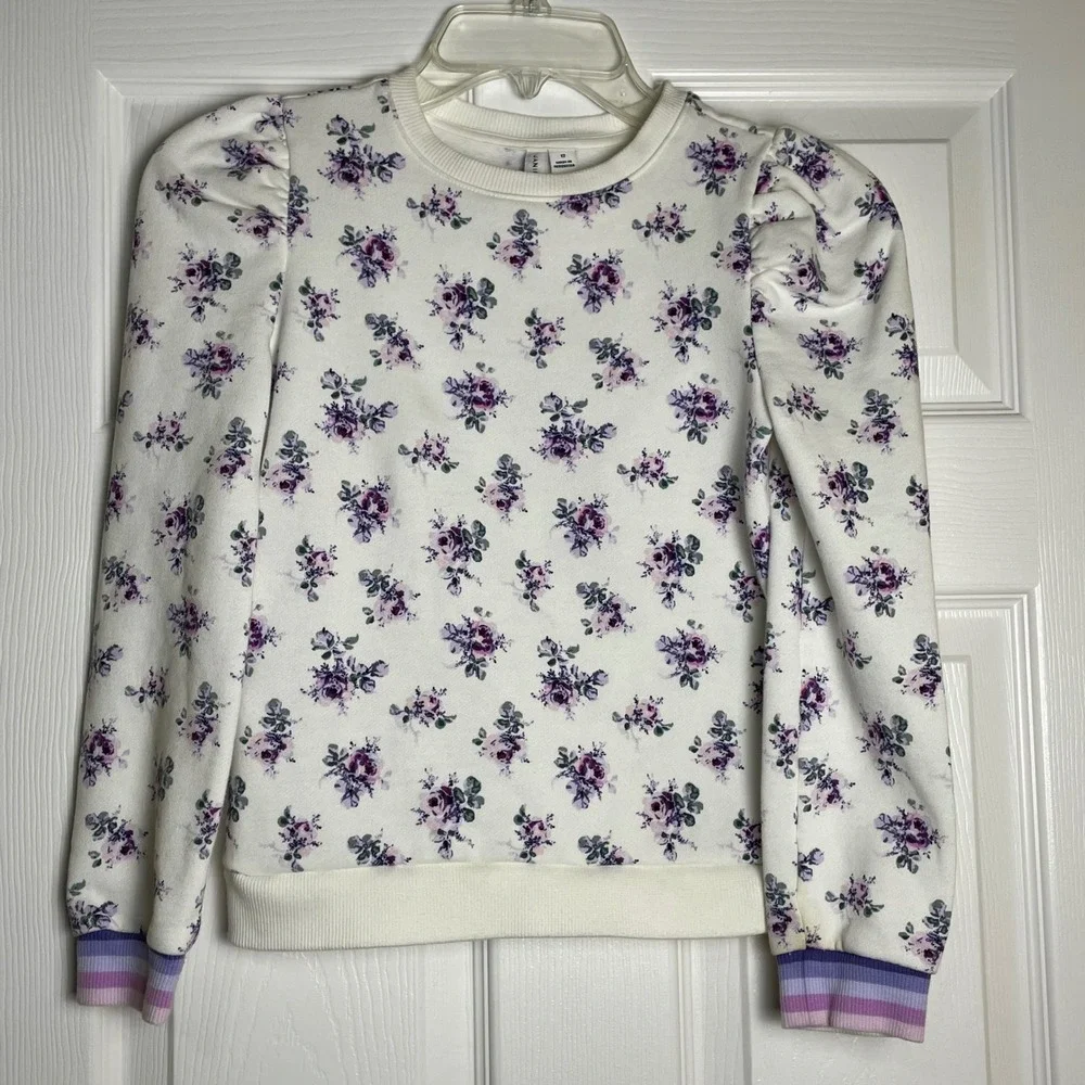 Janie and Jack Kids Girls Floral Puff Sleeve Sweatshirt‎ White Purple Size 12